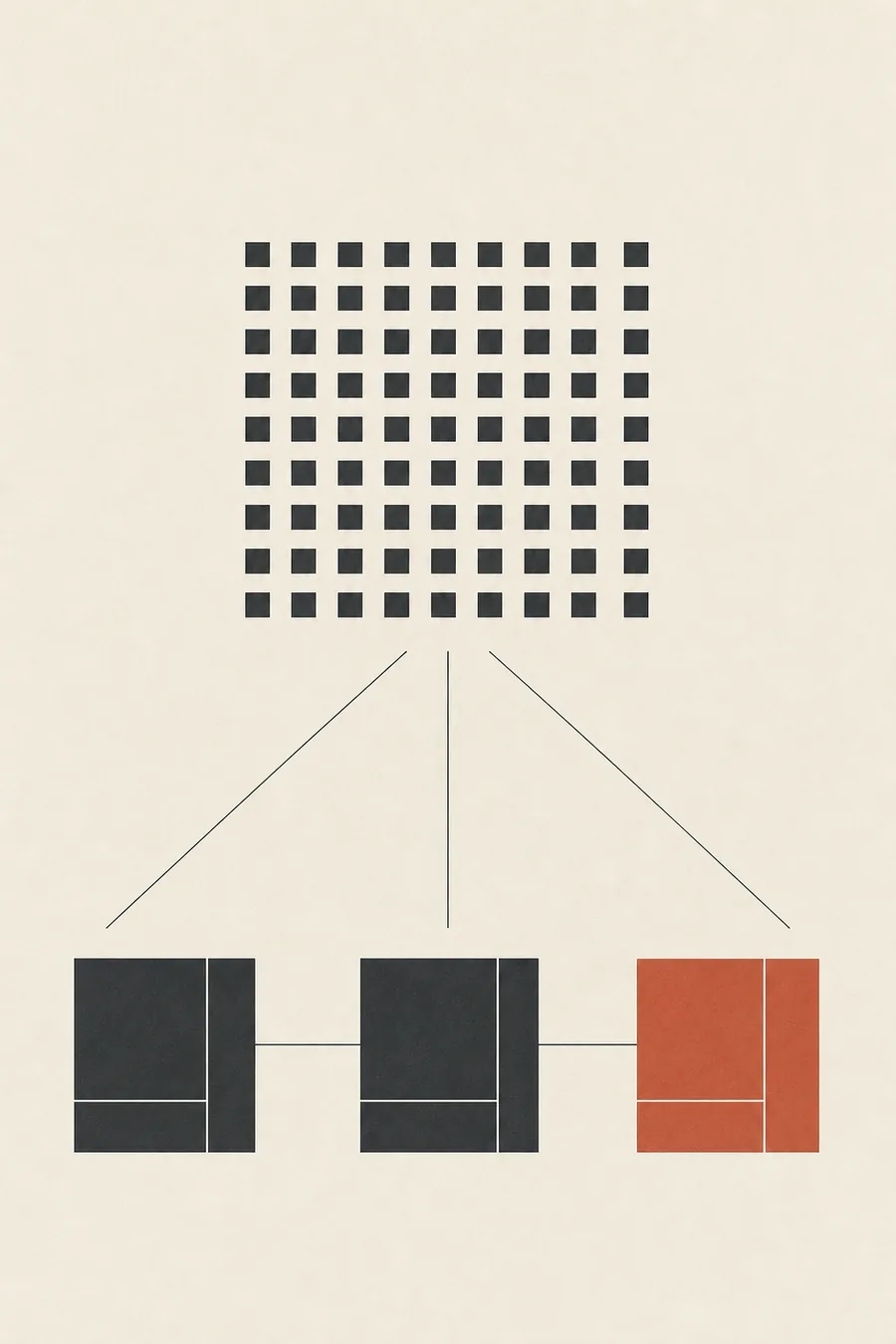 Illustrazione geometrica: una griglia di piccoli quadrati che si riorganizza in tre moduli allineati