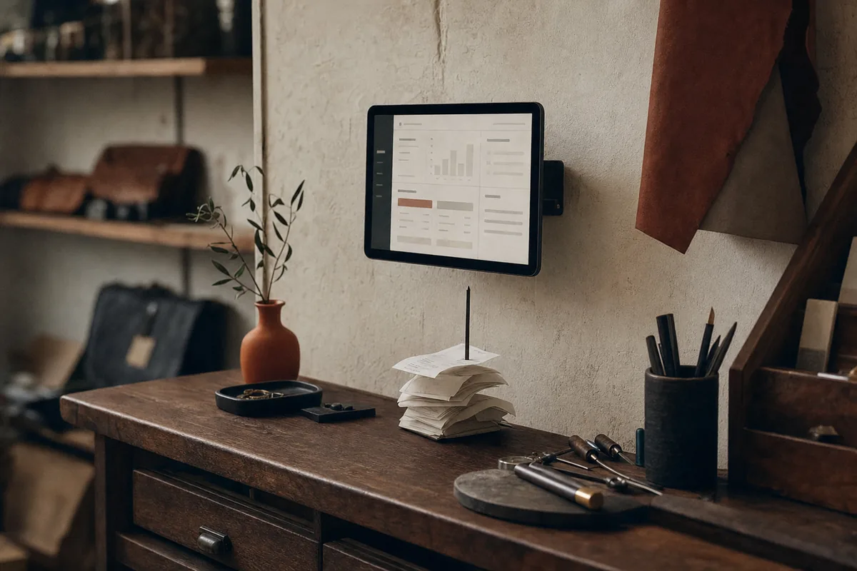 Tablet con un semplice gestionale su un bancone in legno di una piccola bottega artigiana