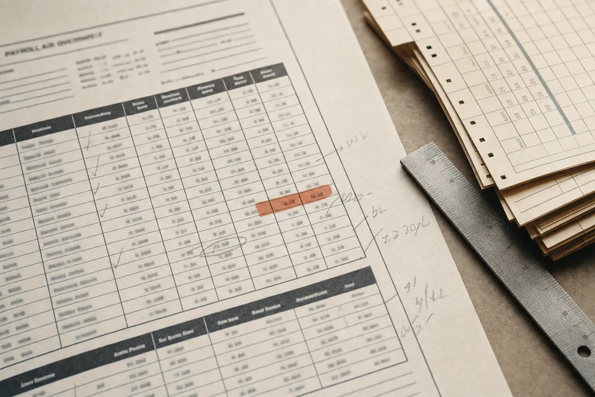 Prospetto straordinari e payroll stampato con annotazioni a matita, righello e cartellini presenze