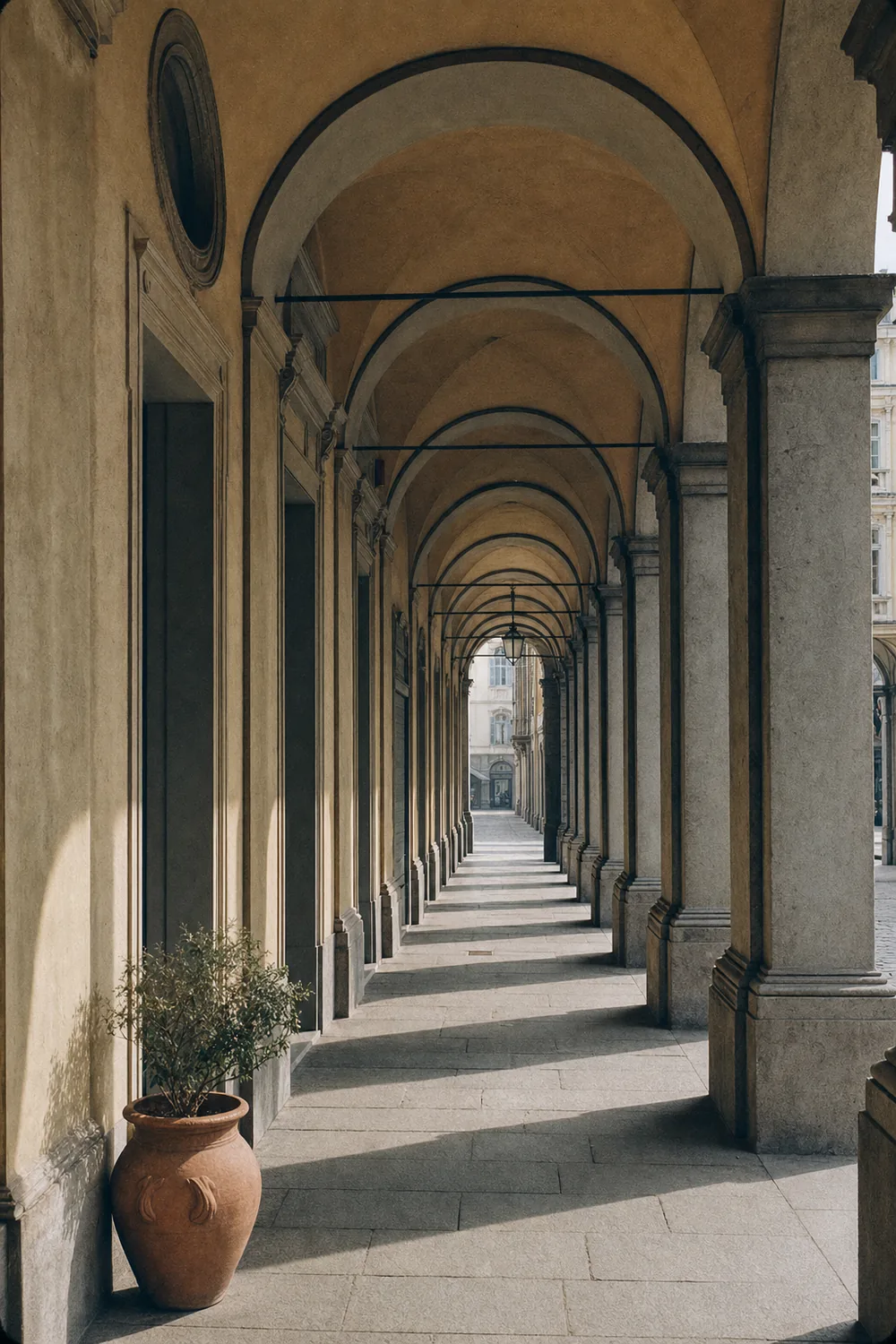 Portici torinesi con archi in pietra e intonaco ocra, luce del mattino